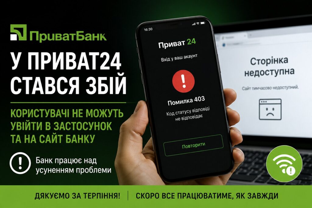 У Приват24 стався збій: користувачі не можуть увійти в застосунок і на сайт ПриватБанку